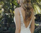 For the bride looking for a traditional wedding dress with a twist, Style 2413 Kalea’s unique lace pattern is here to save the day. Reminiscent of feather shapes, the stunning lace on this gown by Casablanca Bridal cascades all the way down the sheath silhouette in swooping motions. A V-neckline is modest and simple, opening up into a slightly lower V-back and extending into a 73” train. Perfecting satin underneath is soft and comfortable, ideal for all-day wear.