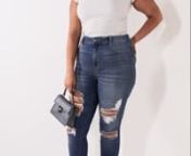 A fun update for your jean wardrobe. The Plus Just For Fun Hi Rise Distressed Denim are a stretch denim based jean complete with a high waist rise, working back pockets, a medium wash hue, zipper fly button fasten and distressed detailing at the knees and thighs. Pair with an off the shoulder top and mules to complete the look. nn-98% cotton, 2% spandexn-Machine wash coldn-41.5” from waistline to hem, 30” inseam, 12.75” rise n(approx, measured from size 14)n-Importedn-Model is wearing size