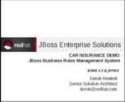 In this short tour we will describe a business process for a simple car insurance quote. Although a simple representation of the actual insurance industry process, this project it will cover all aspects of Enterprise architecture required to get to a fully functioning quote engine in place.nnThecar insurance quote is implemented with JBoss Business Rules Management System (BRMS). This version of BRMS also includes a powerful embeddable Business Process Management system which is used to contro