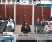 CITY OF LATHROPnCITY COUNCIL REGULAR MEETINGnMONDAY, APRIL 1, 2013n7:00 P.M.nCOUNCIL CHAMBERS, CITY HALLn390 Towne Centre DrivenLathrop, CA 95330nAGENDAn1.tPRELIMINARYn1.1tCALL TO ORDERn1.2tCLOSED SESSIONn1.2.1tCONFERENCE WITH LEGAL COUNSEL: Anticipated Litigation – Significant Exposure to Litigation Pursuant to Government Code Section 54956.9(b)n•t4 Potential Casesn1.2.2tREPORT FR0M CLOSED SESSIONn1.3tROLL CALLn1.4tINVOCATIONn1.5tPLEDGE OF ALLEGIANCEn1.6tANNOUNCEMENT(S) BY MAYOR / CITY MANA