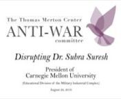 This is a 90 sec version of the longer video of the CMU Orientation Disruption of Dr. Subra Suresh&#39; speech to incoming freshmen and their families. This action was accomplished by members of the Anti-War/Anti-Drone Warfare Committee of the Thomas Merton Center.