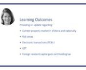 License is for single fee earner to access CPD session for 12 months.nnLearning Outcomes:nn- National overview of the property marketn - PEXA eConveyancingn - GST &amp; Foreign resident capital gains - - withholding taxn- Mitigating risknnAbout your SpeakernEmma ElsworthnnEmma is a senior member of the Property Law Practice Group and is an Accredited Specialist in property law by the Law Institute of Victoria (LIV). She has practised exclusively in Property Law since she was admitted as a practi