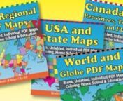 World of Maps Individual PDF Map Sets, World Regions, Globes, USA, States, World Projections, CanadannThis one Combo collection we include all 4 of our PDF Blank Outline Map Sets. The collection includes: World Maps with Globes and Projections, USA and States, World Regional Maps and Canada, Provinces, Territories and Flags maps.nnLearn and color the basic geographic layout of the world with our PDF Maps Sets. The collection of individual pad maps are unlabeled, blank, printable, Individual PD