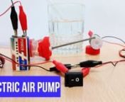 How To Make an Air Pump using DC Motor. An air pump is a device for pushing air. In this video, you will see the construction and working of an air pump. Electric Air Pump is a simple DIY science project for school students who are interested in science experiments which can be done at home. This small electric air pump will show you how an air pump works. This can be one of the best science projects for school students. nnThings You Need to make this simple science project:n- 9-Volt Batteryn-