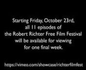 For the final week of the Robert Richter Free Online Film Festival https://vimeo.com/showcase/richterfilmfestwe are making all of the episodes available! Now is your last chance to see these insightful and important films before the festival ends. nnHere’s the lineup - nnEpisode 1 - “Making Films That Make a Difference” https://vimeo.com/423342041 n - Retrospective of Robert Richter’s DocumentariesnnEpisode 2 - “In Our Hands” https://vimeo.com/427073263 n - The 1982 march in NYC fo