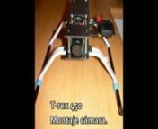 This is the setup FPV on my T-rex 450.nI use a T-rex 500 skids for stability on the landings, a DX-201 camera to fly, a keychain 808 to record, and a remzibi OSD.nThe frame was made with Carbon Fiber 2mm.nnThe TX of video is mounted in the tail of the helicopter.