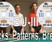 The entire Volume III of the Billiard University (BU) instructional DVD series covering kick and bank shot aiming systems, pattern play concepts, useful technique advice for the break and other specialty shots, the BU Skills Exam (Exam II) drills with instruction, hot tips, and examples for how to do well.nnTable of Contents:nIntroduction @ 0:00nS1 – Line of Balls Drill @ 0:55nS2 – Rail Cut Shot Drill @ 8:18nS3 – 9-Ball Pattern Drills @ 12:47nS4 – 8-Ball Pattern Drills @ 21:04nS5 – Saf