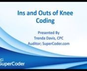 This webinar will address concerns regarding arthroscopic and open knee coding. Some of the topics we will discuss will be:nWhen is it appropriate to bill synovectomy (29875-29876)?nCan you bill for loose body? 29874 versus G0289nCoding for incision and drainage of the knee.nWe will discuss total knee replacement, conversion, and revision.nMake sure you are using the appropriate diagnosis code. Acute versus Chronic