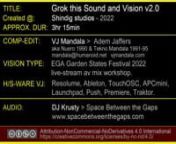 Grok this Sound and Vision v2.0 is a live mixed streamed audio-visual media event created by the multi-decadal creative collaborators DJ Krusty and VJ Mandala, for the EGA Graden States 2022 conference.nnThis digital experience will traverse an abstract sonic and visual performative landscape, that maintains a psychedelic aesthetic expression, as a celebration, of the simian evolutionary and revolutionary relationship, between mind and hyper-dimensional reality and beings, through the plant medi