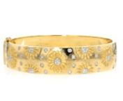 https://www.ross-simons.com/962524.htmlnnBright sunflowers evoke joy and serve as beautiful reminders of positivity and resilience. Shining in 18kt yellow gold over sterling silver, our bangle bracelet sparks pretty blooms decorated with .20 ct. t.w. diamonds in white rhodium. Bring a bit of sunshine wherever you go! Single-latch safety. Box clasp, diamond sunflower bangle bracelet.