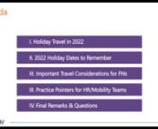 This webinar discusses how employers and foreign national employees should approach international travel during the upcoming holiday season.nDespite the reduction of COVID-19-related travel restrictions this year, there are still several important considerations for foreign national employees seeking to travel internationally. To ensure foreign national employees don’t risk being refused re-entry into the U.S. or falling out of their immigration status, proactive planning between employees, HR