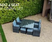 The Cadiz 4-Seater Cube Dining Set is a snug and compact furniture suite. This set can be pushed together to form a cube making it perfect for small spaces. This set is great for enjoying meals outside with friends and then it can be easily tucked away after use. It contains 4 chairs, 4 footstools, and a table.nnThis set features a smart and compact design. The footstools can be pushed neatly underneath the chairs. The back of the chairs can also be folded down which makes it possible to tuck th