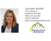 100 Cindy Cir Tullahoma TN 37388 &#124; Susan BakernnSusan BakernnSusan Baker is broker, co-owner, and co-founder of Baker &amp; Cole Properties. For twenty-six years, she has spearheaded Tullahoma&#39;s real estate market. Her dedication to success has championed her as a top producer for the area. Susan has an innate ability to satisfy clients in the buying and selling of their residential and commercial properties. Her strong base of loyal and repeat clients is one reason Susan has been so successful