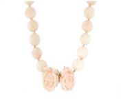 https://www.ross-simons.com/996123.htmlnnC. 1970. Such a pretty sight, this delightful Estate collection necklace features 14-15mm pink coral beads that culminate in a lovely 28.8x20.5mm carved pink coral flower centerpiece. Graduates from 1/2 to 1 1/4 wide. Finishes with a 14kt yellow gold figure 8 safety and hook clasp. Pink coral flower bead necklace. Exclusive, one-of-a-kind Estate Jewelry.