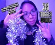 Hello all, a while ago I asked you to tweet or DM your favourite ASMR trigger words! Tonight, I whisper them, as well as a few of my favourites. I also make unpredictable fast &amp; slow ASMR triggers (hand sounds/movements, leather sounds, fabric scratching, tinsel crinkling, tongue clicking &amp; kissing). I used my binaural mics for this so please use headphones/earbuds for a more relaxing sound experience.nWatch the full video here: https://youtu.be/TBPCACeQzcMnnTrigger words: mesmerise, shi