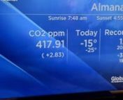 Full weather report with CO2 and temperature almanac on Global News in Peterborough, Ontario.nnTV REPORTER:Caley Bedore (weather specialist at CHEX Global News)nnRECORDING: Drew MonkmannnBROADCAST: January 11, 2022nnFEATURED CO2 LEVEL:417.91 ppm: daily average on January 10, 2022nnCO2 DATA SOURCE: NOAA GML via https://gml.noaa.gov/ccgg/trends/monthly.htmlnnMORE INFO:n- Earth&#39;s Daily CO2 tracking page: https://www.co2.earth/daily-co2n- Back story at Show.Earth:https://www.show.earth/co2-on-