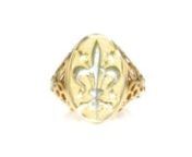https://www.ross-simons.com/945890.htmlnnRepresenting perfection and light, the fleur-de-lis symbol gleams in textured and polished 14kt yellow gold in this signet ring. With its ornate detailing, its a choice fit for royalty! Made in Italy. 5/8 wide. 14kt yellow gold fleur-de-lis signet ring.