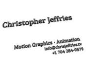 Christopher Jeffries: motion graphics, animation. This demo montage showcasing work from projects both professional and personal. Currently showing: August 2012 update. A higher quality version of this montage is available; please contact directly for more information.nnInteractive Breakdown - click on the time to jump to the shot!nn0:00tTest patternnn0:02tIntro for Demo reel / montage.nttRoles: Design, modeling, animation, lighting, shading, rendering, compositing.nn0:10tNBC Sports “Fight Nig