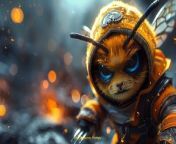Prompt Midjourney : an angry bee, with a cartoon 2d character, cute and funny face with angry, big eyes and holding fork and knief bee&#39;s hands, wearing a warrior clothing to be ready for a fight against to meme, crypto blockchain world. futuristic scenery at the background of the image --ar 16:9 --s 750
