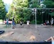 Girl swinging jumps off and faceplants into a log!!!! And doesn&#39;t cry....because of cute guys standing nearby!