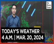 Today&#39;s Weather, 4 A.M. &#124; Mar. 20, 2024&#60;br/&#62;&#60;br/&#62;Video Courtesy of DOST-PAGASA&#60;br/&#62;&#60;br/&#62;Subscribe to The Manila Times Channel - https://tmt.ph/YTSubscribe &#60;br/&#62;&#60;br/&#62;Visit our website at https://www.manilatimes.net &#60;br/&#62;&#60;br/&#62;Follow us: &#60;br/&#62;Facebook - https://tmt.ph/facebook &#60;br/&#62;Instagram - https://tmt.ph/instagram &#60;br/&#62;Twitter - https://tmt.ph/twitter &#60;br/&#62;DailyMotion - https://tmt.ph/dailymotion &#60;br/&#62;&#60;br/&#62;Subscribe to our Digital Edition - https://tmt.ph/digital &#60;br/&#62;&#60;br/&#62;Check out our Podcasts: &#60;br/&#62;Spotify - https://tmt.ph/spotify &#60;br/&#62;Apple Podcasts - https://tmt.ph/applepodcasts &#60;br/&#62;Amazon Music - https://tmt.ph/amazonmusic &#60;br/&#62;Deezer: https://tmt.ph/deezer &#60;br/&#62;Tune In: https://tmt.ph/tunein&#60;br/&#62;&#60;br/&#62;#TheManilaTimes&#60;br/&#62;#WeatherUpdateToday &#60;br/&#62;#WeatherForecast