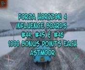 This video from FORZA HORIZON 4 and is for those of us that like to find and collect things. In this video, we will find 3 Influence boards, each worth 1000 BONUS POINTS to destroy. We are in the ASTMOOR area of the map and with find my 44th, 45th and 46th INFLUENCE BOARD to destroy in one run.