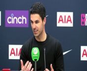 Arsenal boss Mikel Arteta reacts to todays performance and being 3-0 at half time before the end result of 3-2 at the North London Derby against Tottenham gaining valuable 3 points and securing top of the table in the Premier League title race&#60;br/&#62;&#60;br/&#62;Tottenham Hotspurs Stadium, London, UK