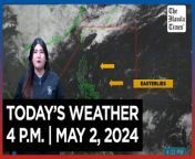 Today&#39;s Weather, 4 P.M. &#124; May 2, 2024&#60;br/&#62;&#60;br/&#62;Video Courtesy of DOST-PAGASA&#60;br/&#62;&#60;br/&#62;Subscribe to The Manila Times Channel - https://tmt.ph/YTSubscribe &#60;br/&#62;&#60;br/&#62;Visit our website at https://www.manilatimes.net &#60;br/&#62;&#60;br/&#62;Follow us: &#60;br/&#62;Facebook - https://tmt.ph/facebook &#60;br/&#62;Instagram - https://tmt.ph/instagram &#60;br/&#62;Twitter - https://tmt.ph/twitter &#60;br/&#62;DailyMotion - https://tmt.ph/dailymotion &#60;br/&#62;&#60;br/&#62;Subscribe to our Digital Edition - https://tmt.ph/digital &#60;br/&#62;&#60;br/&#62;Check out our Podcasts: &#60;br/&#62;Spotify - https://tmt.ph/spotify &#60;br/&#62;Apple Podcasts - https://tmt.ph/applepodcasts &#60;br/&#62;Amazon Music - https://tmt.ph/amazonmusic &#60;br/&#62;Deezer: https://tmt.ph/deezer &#60;br/&#62;Tune In: https://tmt.ph/tunein&#60;br/&#62;&#60;br/&#62;#TheManilaTimes&#60;br/&#62;#WeatherUpdateToday &#60;br/&#62;#WeatherForecast&#60;br/&#62;