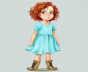 Prompt Midjourney : a five year old Irish girl with short curly red hair wearing a light blue dress and boots, 2D, illustration, front facing, minimalistic shading, vector --v 6.0