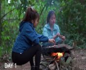 Full video- Bushcraft sisters - Build a Shelter Log Cabin, Spend the Night and Cook