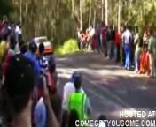 The spectators are eaten up by the car and tossed up. I never understood why rally races have spectators so close to the road, this always happens, get a clue.