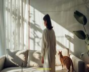 Prompt Midjourney : Realistic photo of a woman walking in her living room with her brown cat. Large white wall, sofa, coffee table --ar 16:9 --v 6.0 --s 250