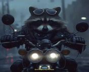 Prompt Midjourney : raccoon biker on a powerful motorcycle, with a bandana on his head. Background gloomy, night, fog # clarity, sharpness, detail