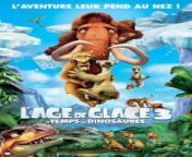 Ice Age: Dawn of the Dinosaurs is a 2009 American animated adventure comedy film produced by Blue Sky Studios and distributed by 20th Century Fox. It is the sequel to Ice Age: The Meltdown (2006) and the third installment in the Ice Age film series. It was directed by Carlos Saldanha and co-directed by Mike Thurmeier (in his feature directorial debut), from a screenplay written by Michael Berg, Peter Ackerman, Mike Reiss, and Yoni Brenner, based on a story conceived by Jason Carter Eaton. Ray Romano, John Leguizamo, Denis Leary, and Chris Wedge reprise their roles from the first two films and Seann William Scott, Josh Peck, and Queen Latifah reprise their roles from The Meltdown, with Simon Pegg joining them in the role of a weasel named Buck. The story has Manny and Ellie preparing for their baby. Sid the Sloth is kidnapped by a female Tyrannosaurus after stealing her eggs, leading the rest of the herd to rescue him in a tropical lost world inhabited by dinosaurs underneath the ice.