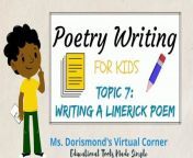 So, you know what poetry is. Great! But, have you ever wondered what a Limerick Poem is? This video is called How to Write a Limerick Poem and is Topic 7 of the series Poetry Writing for Kids. In this video you will learn what a Limerick poem is, the elements of Limerick poetry, and the structure of a Limerick poem. Watch this video to learn how you can write a Limerick poem from start to finish!&#60;br/&#62;&#60;br/&#62;This video is part of the 13-part Poetry Writing for Kids series for Grades K-5. You will learn what poetry writing is, why authors write poems, the elements of poetry, and how to identify the different forms of poetry. Let&#39;s get started! &#60;br/&#62;&#60;br/&#62;This video resource can be used for a Poetry Writing curriculum in grades K-5.&#60;br/&#62;&#60;br/&#62;*********************&#60;br/&#62; Thank you for visiting Ms. Dorismond&#39;s Virtual Corner, where you can find Educational Tools Made Simple!&#60;br/&#62;&#60;br/&#62; PURCHASE EDUCATIONAL RESOURCES HERE!: https://bit.ly/30UHcLX&#60;br/&#62;&#60;br/&#62; JOIN MY EMAIL LIST HERE! - https://bit.ly/3E3w3GB&#60;br/&#62;&#60;br/&#62; SOCIAL LINKS&#60;br/&#62;My Blog - http://msdorismondsvirtualcorner.com/&#60;br/&#62;Facebook - https://bit.ly/2ZK7Y9c&#60;br/&#62;Instagram - https://www.instagram.com/MsDorismondsVirtualCorner/&#60;br/&#62;LinkTree - https://linktr.ee/msdorismondsvirtualcorner&#60;br/&#62;&#60;br/&#62; DISCLAIMER: Links included in this description might be affiliate links. If you purchase a product or service with the links that I provide I may receive a small commission. There is no additional charge to you! Thank you for supporting my channel so I can continue to provide you with free content!&#60;br/&#62;&#60;br/&#62;#writingalimerick #msdorismondsvirtualcorner #teachermadevideos