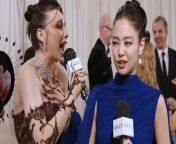 K-pop superstar Jennie Kim talks with Emma Chamberlain at the 2024 Met Gala about her flowing royal blue dress, and explains what it’s like being at the Met for the second time.